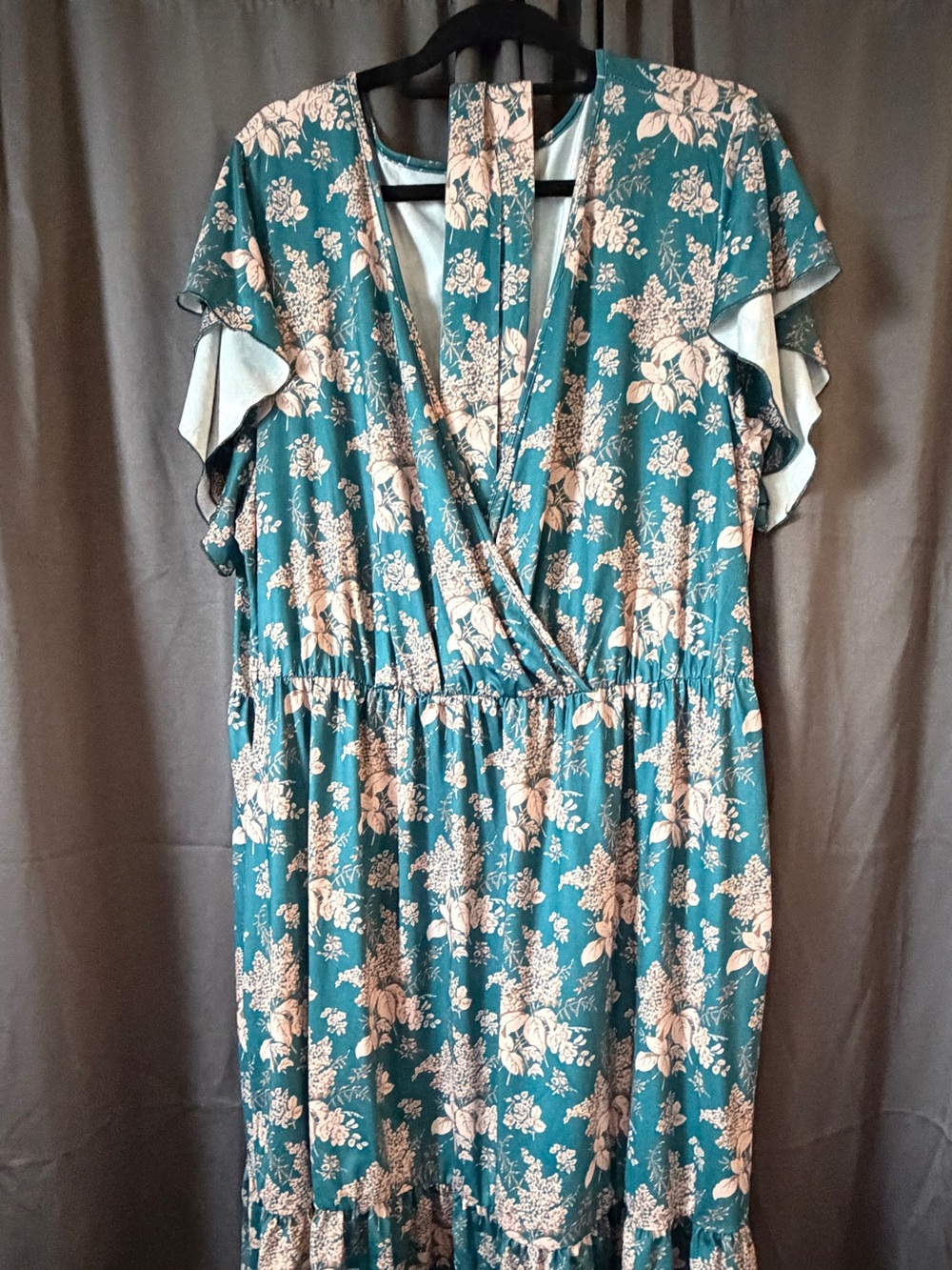 Teal Floral Wrap-Style Midi Dress